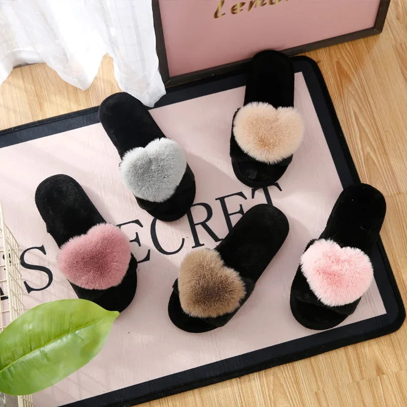 Women Indoor Warm Home Slippers Bedroom Cute Heart Pattern Non-slip Soft Comfort Plush House Slippers Shoes Autumn Winter
