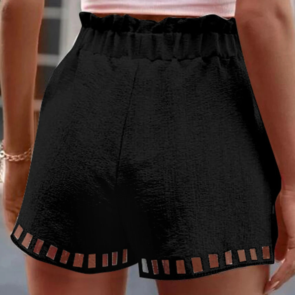 Women's Shorts Para Mujer Cotton Linen Solid Color Thin Hollow Out Design Trim Pocket Tight Waist Shorts Beachwear White Clothes