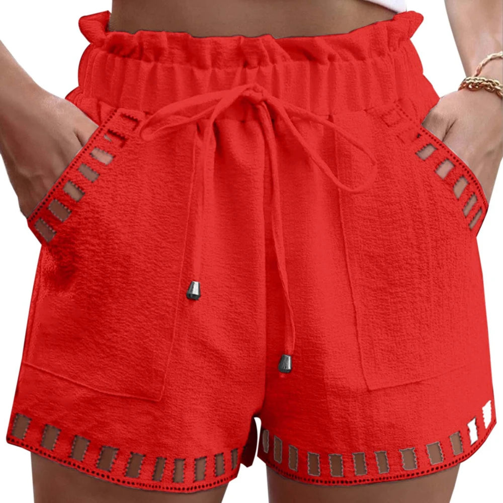 Women's Shorts Para Mujer Cotton Linen Solid Color Thin Hollow Out Design Trim Pocket Tight Waist Shorts Beachwear White Clothes