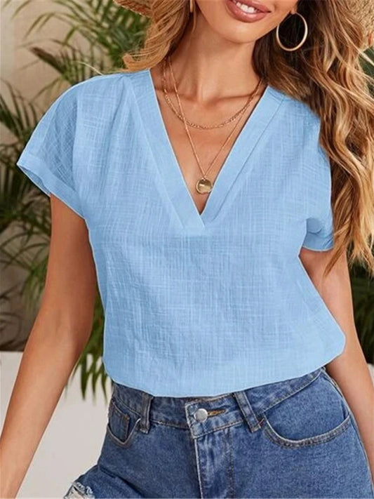 Cotton Linen Blouse 2024 Summer V Neck Short Sleeve Women Solid Color Blouses Casual Office Loose White Blue Tops Blusas Mujer