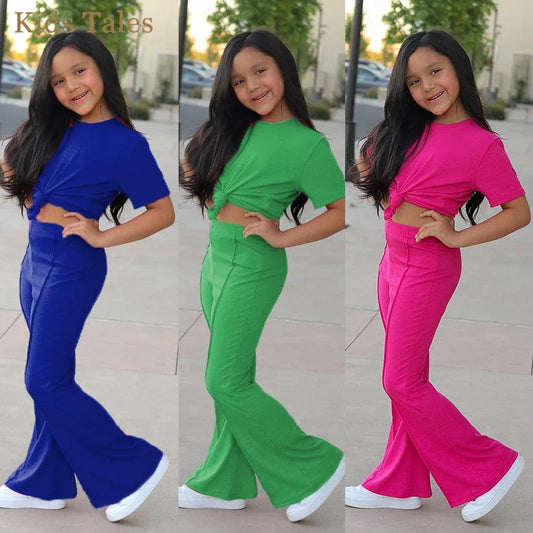 Kids Baby Girls Summer Outfit Toddler Crewneck Sweatshirt Shirt Top + Bell-Bottom Pants Sets Cute Children Flared Pants Clothes