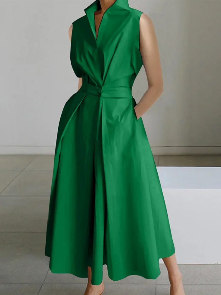 Yeezzi Office Lady Fashion Solid Color Lapel A-line Dress 2024 New Summer Sleeveless Casual Going Out Midi Dresses For Women