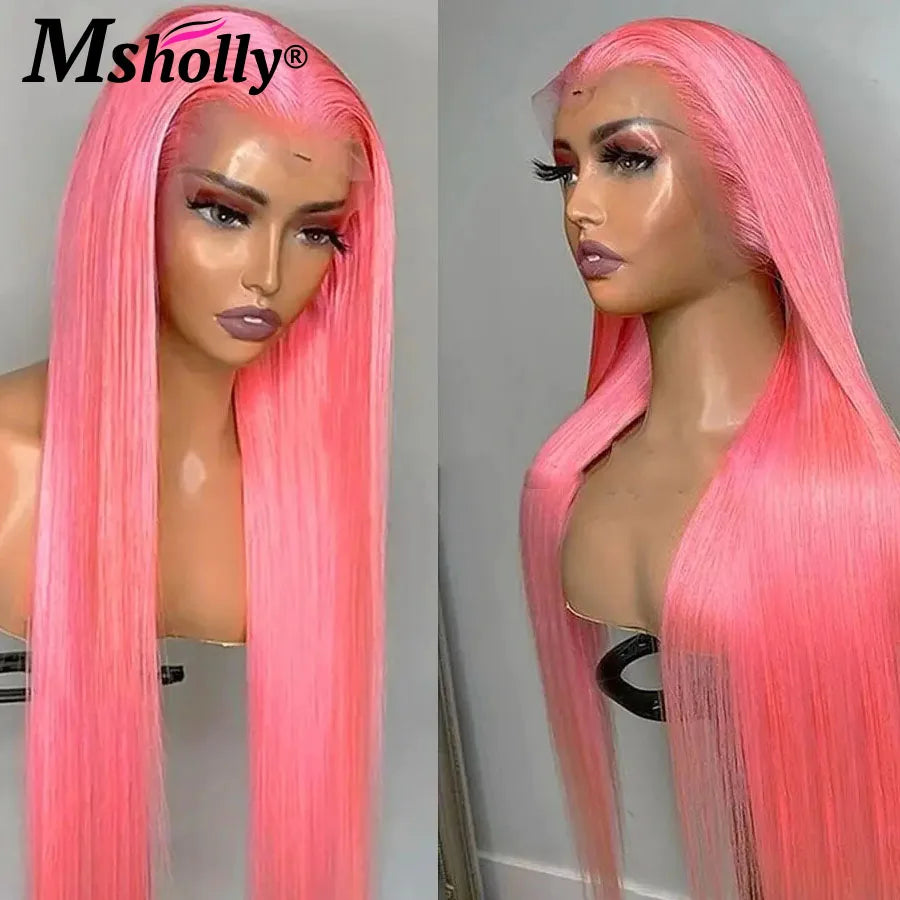 30Inch Pink 13x6 HD Lace Frontal Wig Human Hair Bone Straight Preplucked Brazilian Remy Wig 100% Human Hair Glueless Colored Wig