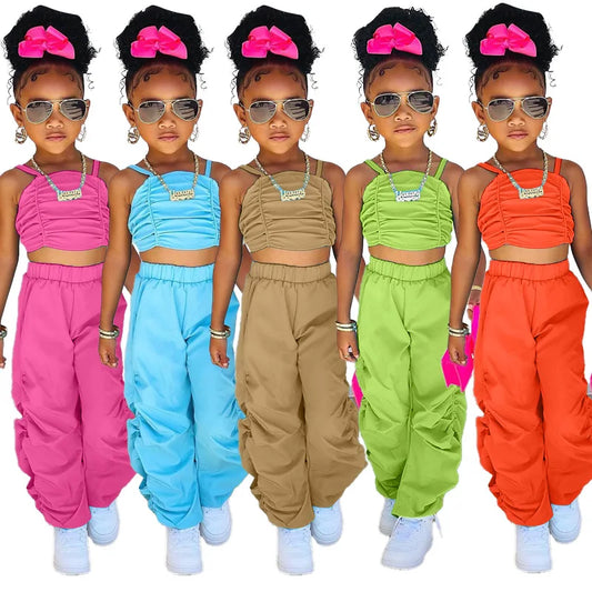 2pcs/sets Children's Fashion Clothes Outfits Girl Baby Kids Summer Clothing Suits For Girls Sleeveless Crop Tops+Cargo Pants