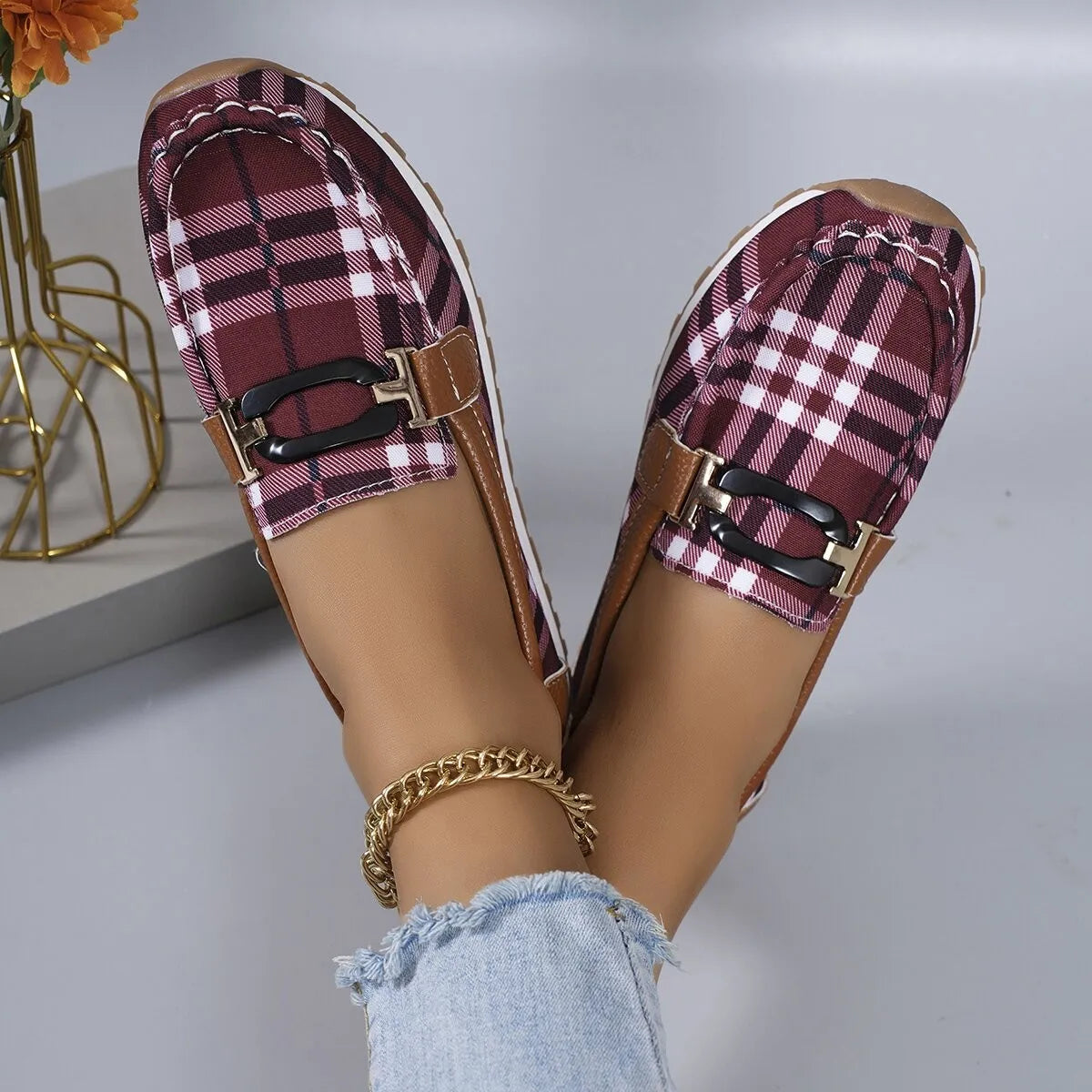Loafers Women Canvas Plaid Classic Fashion Non-slip One-pedal Walking Shoes Lady's Party Outdoor Daily All-match Casual Shoes