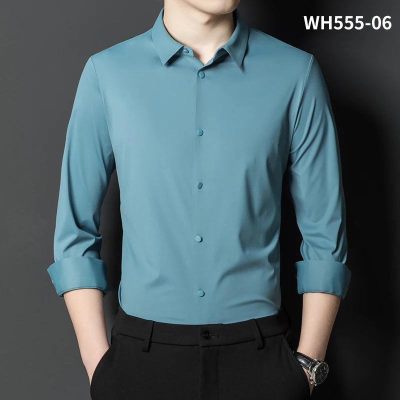 High-end New Traceless men's Shirt No Ironing Anti-wrinkle Solid Color Breathable Casual  Slim Business No Pockets Long Sleeves
