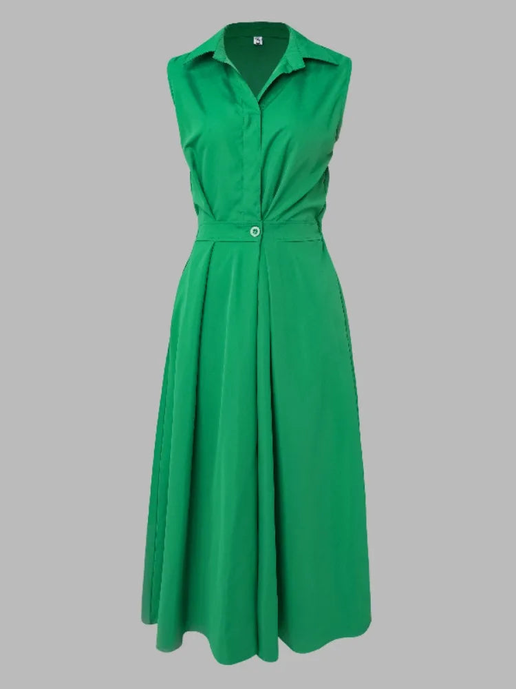 Yeezzi Office Lady Fashion Solid Color Lapel A-line Dress 2024 New Summer Sleeveless Casual Going Out Midi Dresses For Women