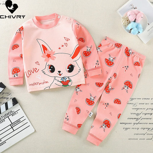 New 2024 Kids Girls Pajama Sets Cartoon Long Sleeve T-Shirt Tops with Pants Toddler Baby Spring Autumn Sleepwear Clothing Sets