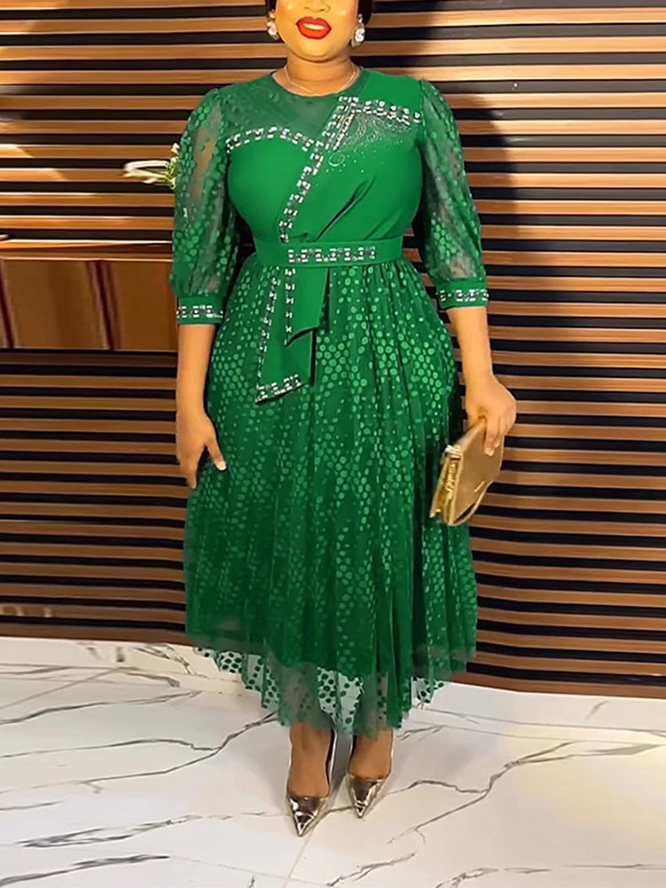 Elegant Women Tulle Polka Dot Evening Party Dress O Neck Hot Drill See Through Wrist Sleeve Modest Formal Church Event Clothings