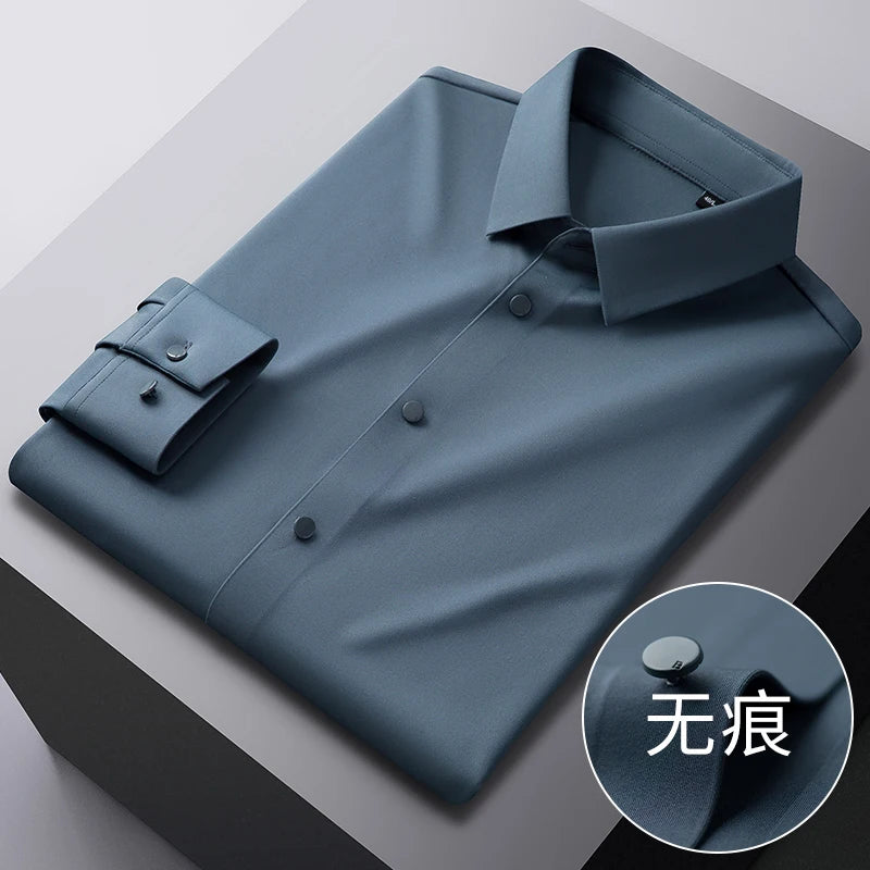 High-end New Traceless men's Shirt No Ironing Anti-wrinkle Solid Color Breathable Casual  Slim Business No Pockets Long Sleeves