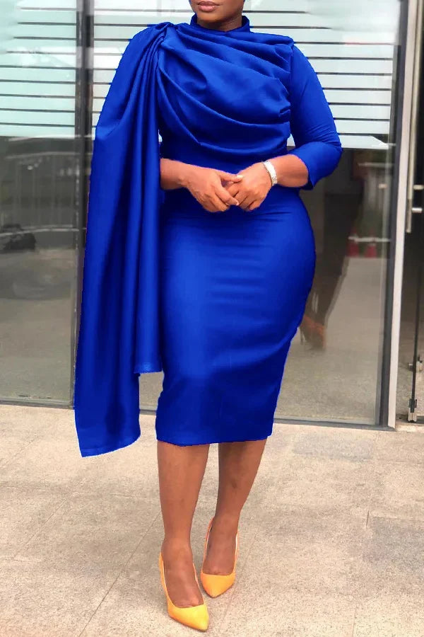 Elegant Ruched Party Pencil Dress Women Solid Ruffle Pleated Cloak Sleeve Bodycon Evening Wedding Dress Women