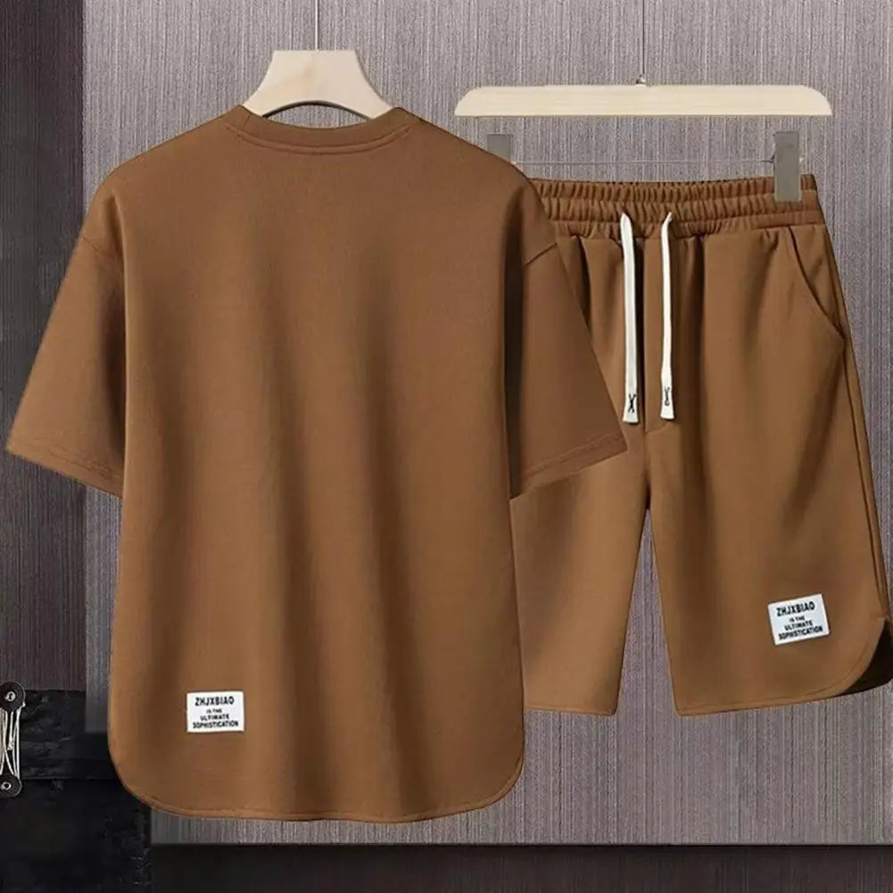Men Sportswear Set Men's Summer Casual Outfit Set O-neck Short Sleeve T-shirt Drawstring Waist Shorts Activewear Set 2pcs/set