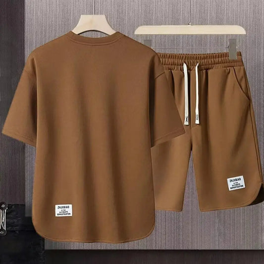 Men Sportswear Set Men's Summer Casual Outfit Set O-neck Short Sleeve T-shirt Drawstring Waist Shorts Activewear Set 2pcs/set