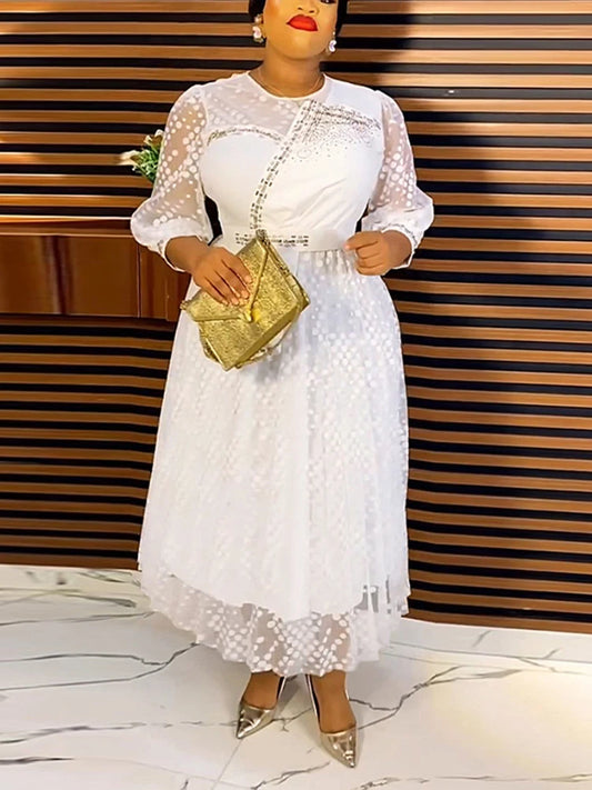 Elegant Women Tulle Polka Dot Evening Party Dress O Neck Hot Drill See Through Wrist Sleeve Modest Formal Church Event Clothings