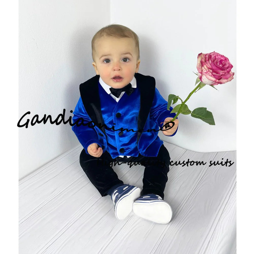 Royal Blue Velvet Boys Suit Jacket Pants Vest Bow Tie Set of 4 Kids Wedding Party Tuxedo Fashion Child Clothes