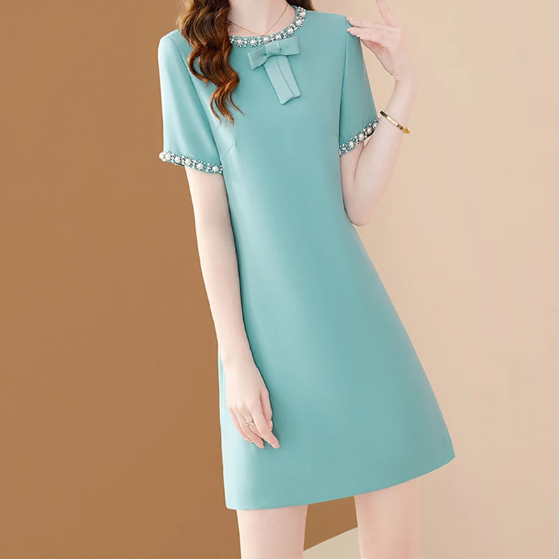 EVNISI Women Chic Embroidered Flares Dress Scarf Collar Elegant Office A-line Dresses Slim Women Bodycon Fairy Vestido 2024