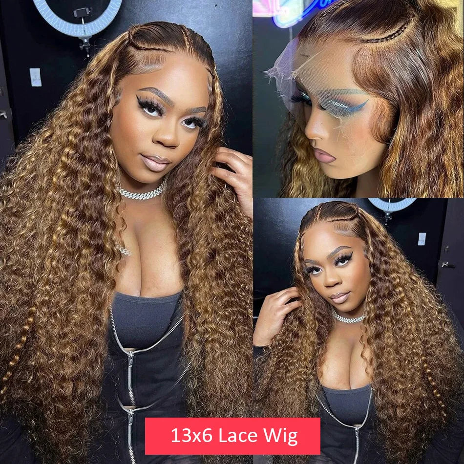 Curly 13x6 4/27 Brown 250 Density Lace Frontal Wig Highlight Ombre Colored Deep Wave 30 40 Inch 13x4 Human Hair Lace Front Wigs