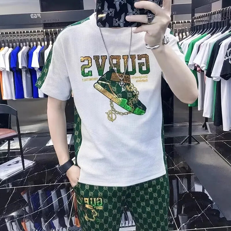 New 2023 men summer suits  two pieces  set outfit tracksuit men  Slim drop shipping