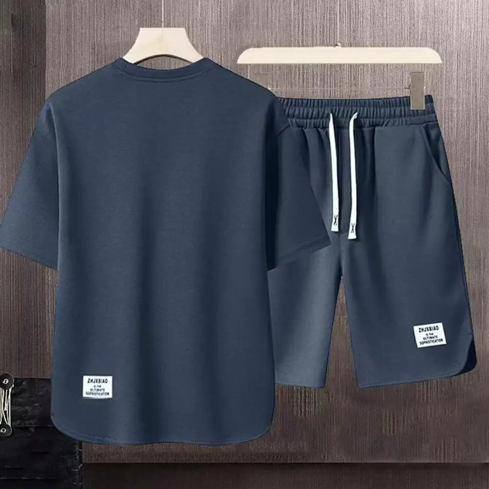 Men Sportswear Set Men's Summer Casual Outfit Set O-neck Short Sleeve T-shirt Drawstring Waist Shorts Activewear Set 2pcs/set