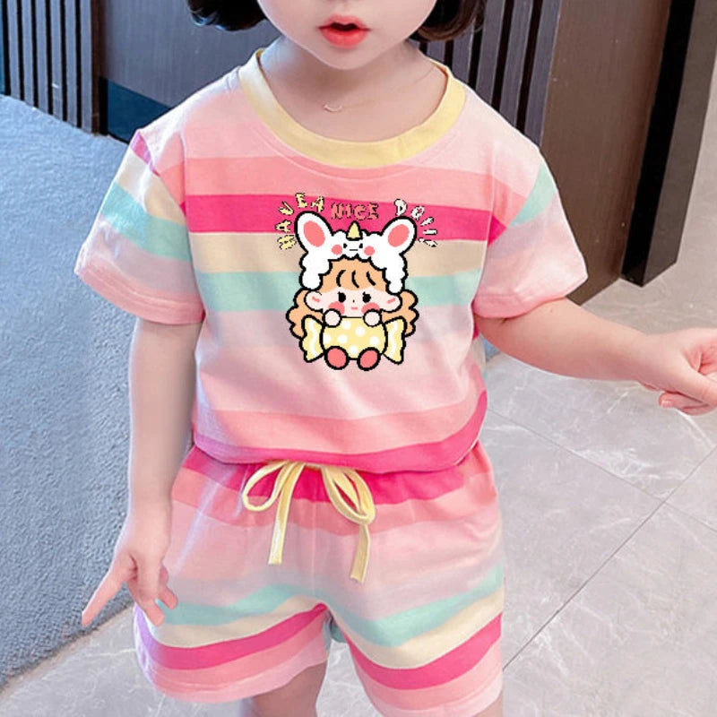 Cute Hello Kitty Summer Clothing Sets for Kids Baby Girls Outfits Children's Short Sleeve T Shirt + Elastic Waist Shorts 2pcs