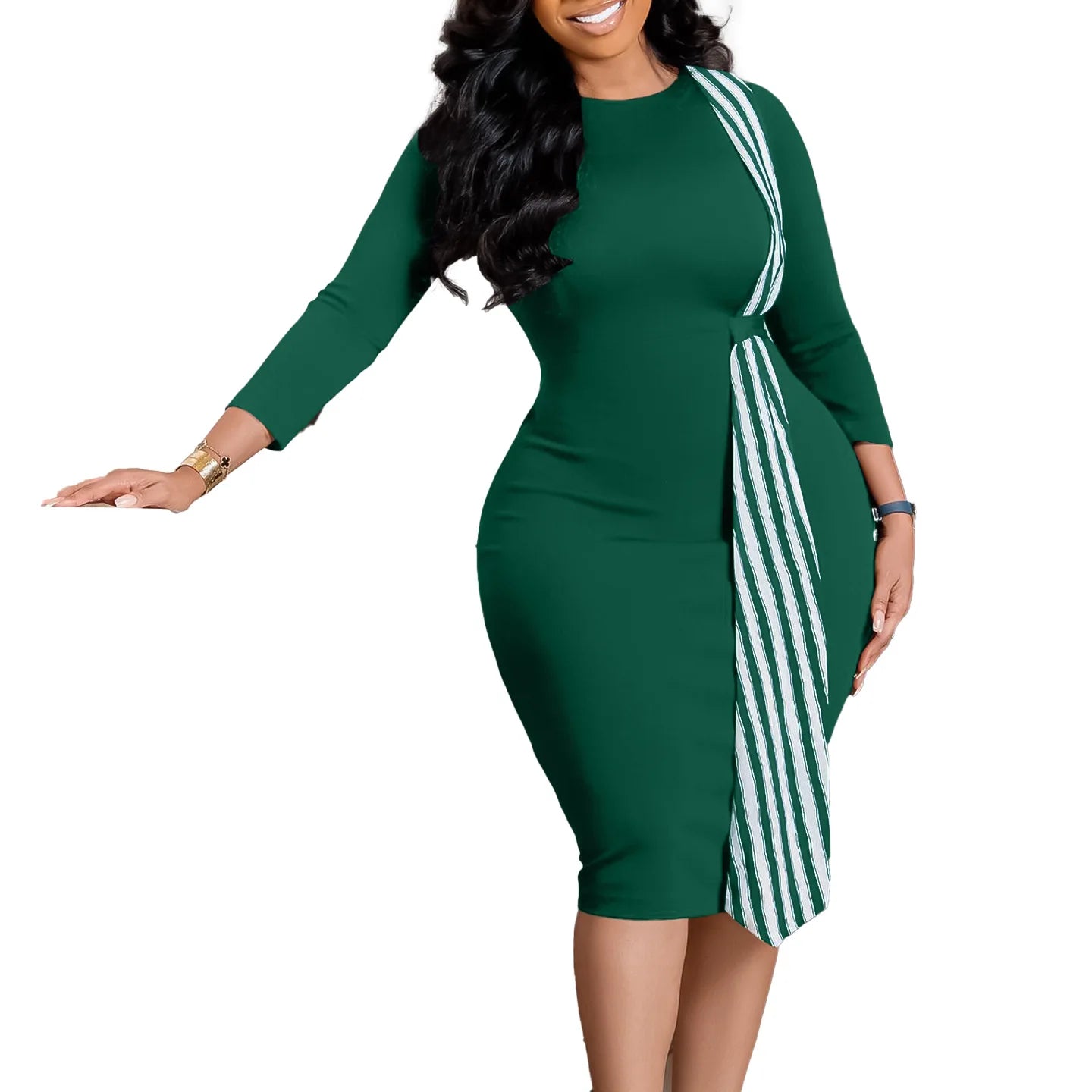 Elegant Church Dresses for Women O Neck Patchwork Striped Fabric Slim Classy Female Office Ladies African Fashion Modest Gowns