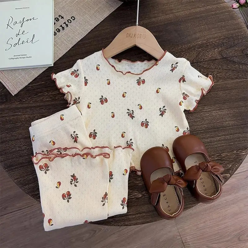 Children's Clothing Girls Sets Short Sleeve T-shirt Pants Suits Elastic Thin Summer Flowers Princess Style Little Girl Kid Suits