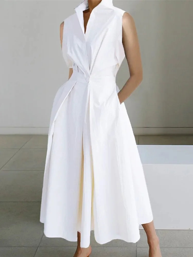 Yeezzi Office Lady Fashion Solid Color Lapel A-line Dress 2024 New Summer Sleeveless Casual Going Out Midi Dresses For Women