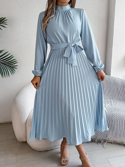 Elegant Solid Color Mock Neck Long Sleeve Belted A-line  Pleated Dress, Women's Clothing