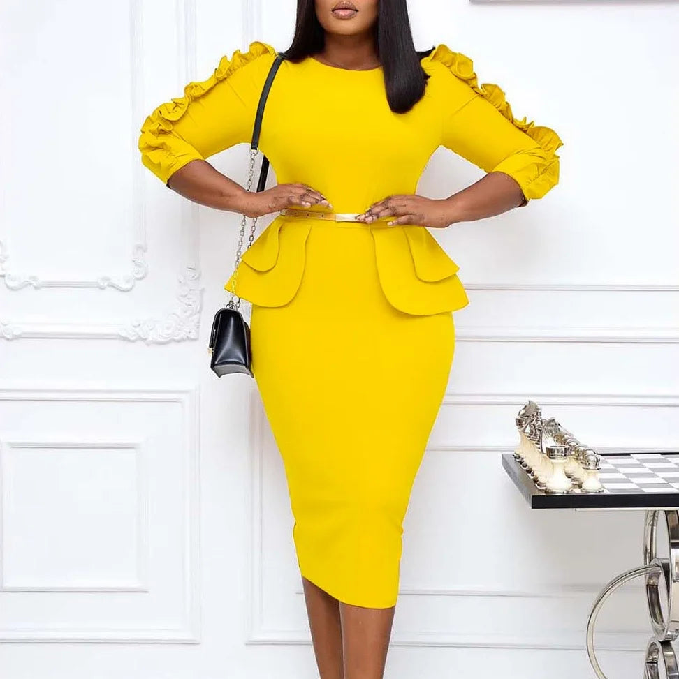 Elegant Office Dress for Women Professional Round Neck Three Quarter Sleeve Belt Waisted Package Hips Mid Calf Formal Work Dress