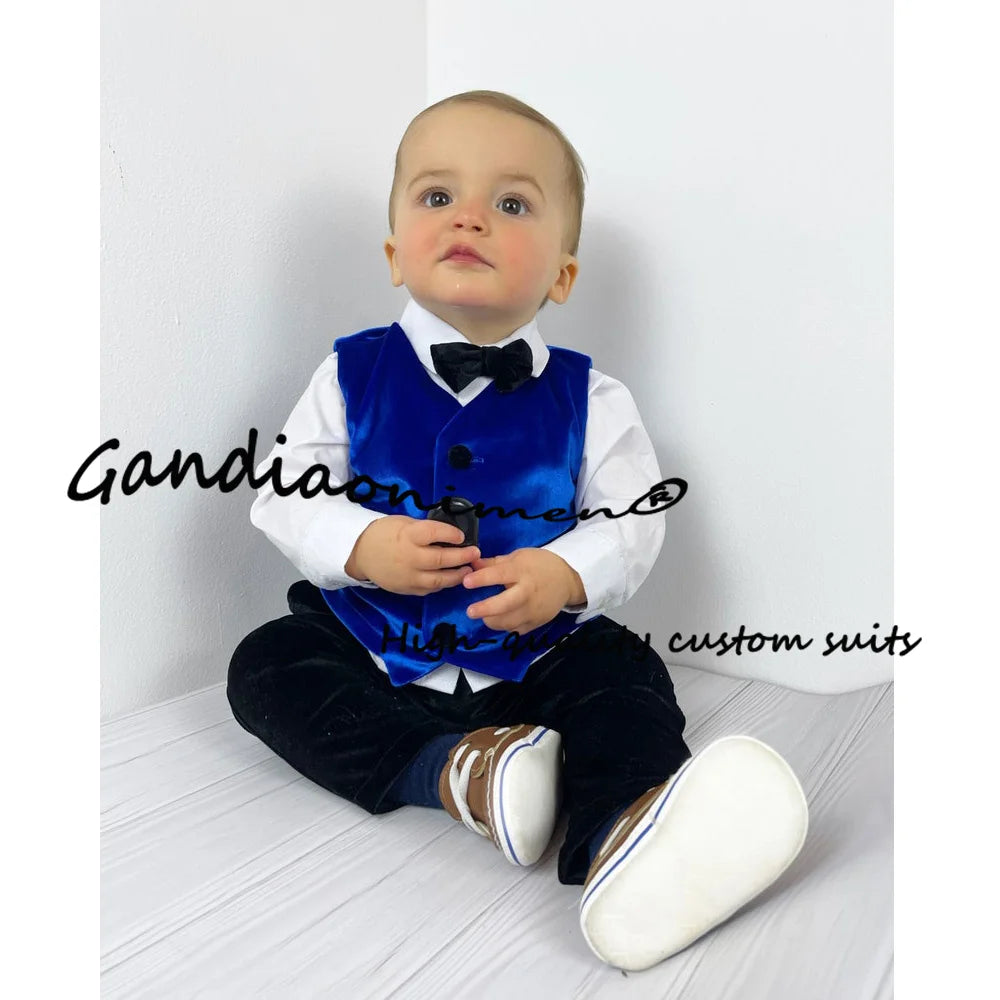 Royal Blue Velvet Boys Suit Jacket Pants Vest Bow Tie Set of 4 Kids Wedding Party Tuxedo Fashion Child Clothes