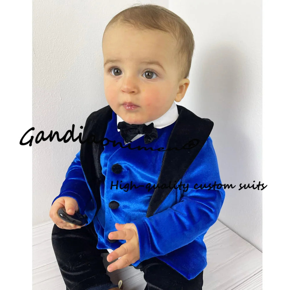 Royal Blue Velvet Boys Suit Jacket Pants Vest Bow Tie Set of 4 Kids Wedding Party Tuxedo Fashion Child Clothes