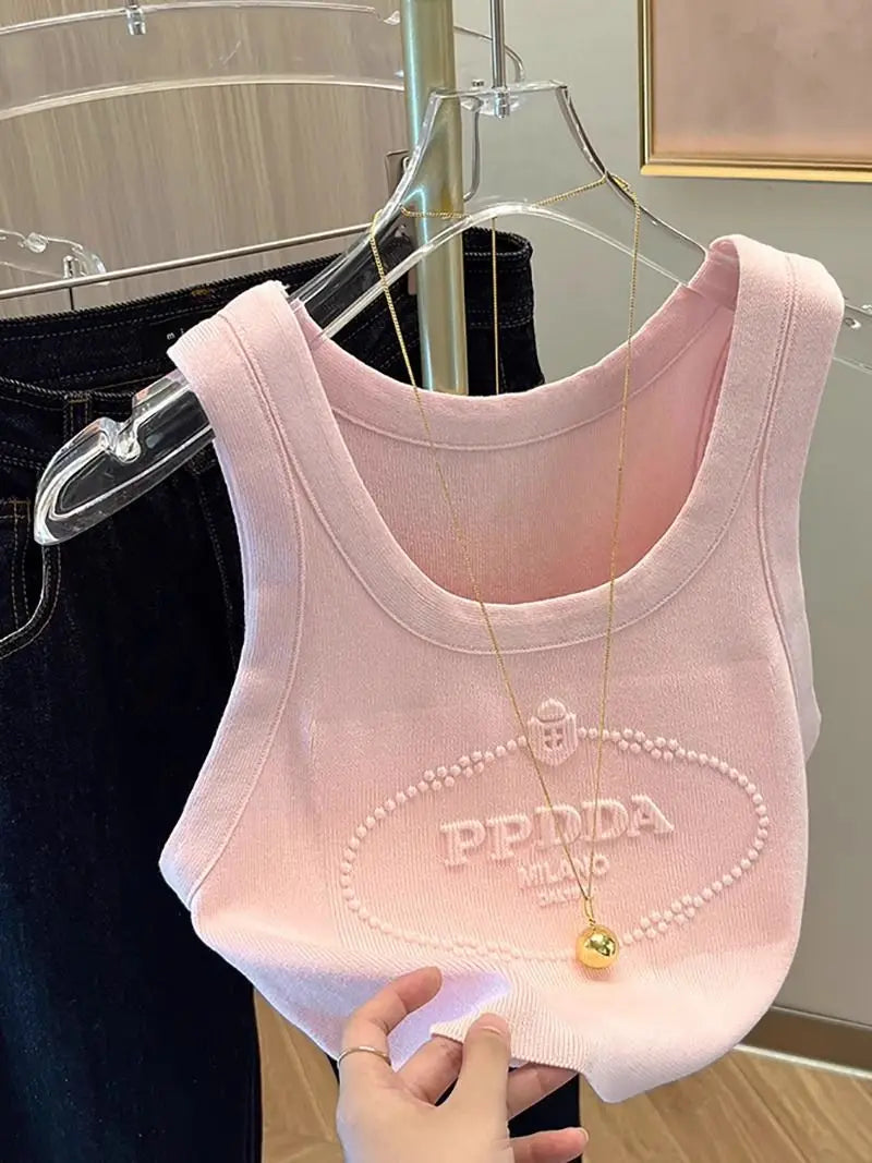 Pink Sweet Letter Sports Vest Women's Outer Wear Summer 2024 New Style Beautiful Slim Camisole Top