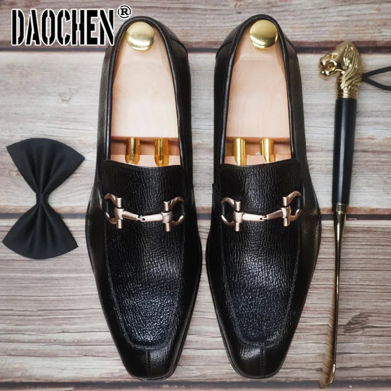 Luxury Men Leather Shoes Black White Horsebit Loafers Slip on Formal Men Dress Shoes Wedding Office Casual Shoes For Men