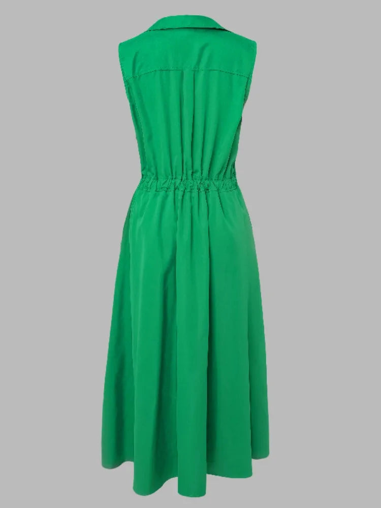 Yeezzi Office Lady Fashion Solid Color Lapel A-line Dress 2024 New Summer Sleeveless Casual Going Out Midi Dresses For Women