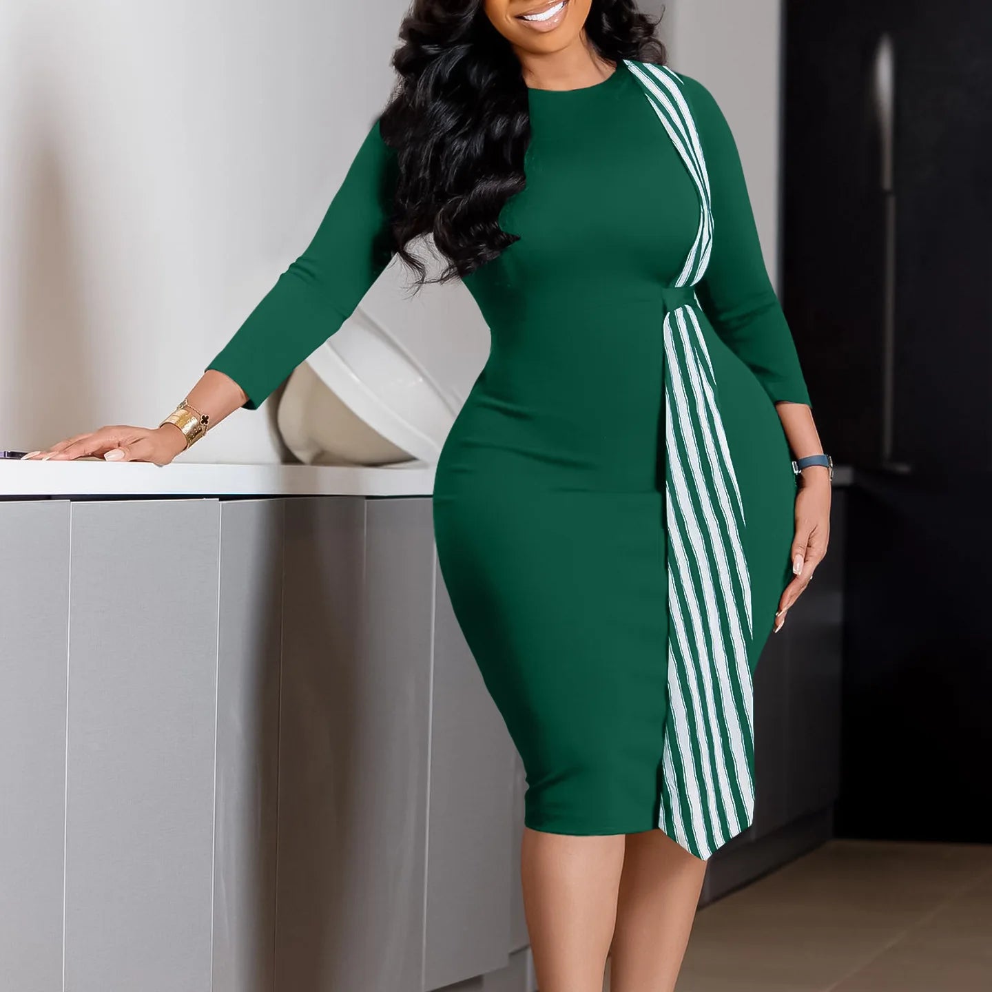 Elegant Church Dresses for Women O Neck Patchwork Striped Fabric Slim Classy Female Office Ladies African Fashion Modest Gowns
