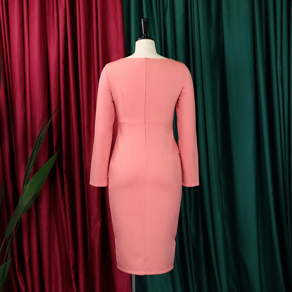 Women Elegant Occasion Dresses for Church Long Sleeve Slant Neck European Knee Length Work Office Ladies Career Dresses