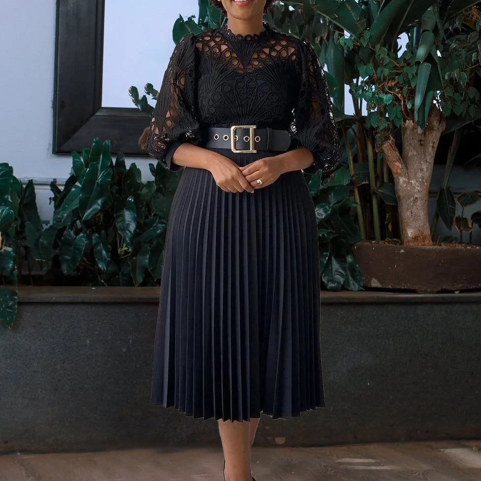 Elegant Church Dresses for Women Lace Hollow Out Patchwork Pleated Female Gowns Wedding Guest Party Female Classy Office Ladies