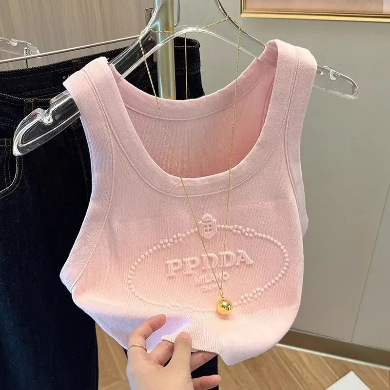 Pink Sweet Letter Sports Vest Women's Outer Wear Summer 2024 New Style Beautiful Slim Camisole Top