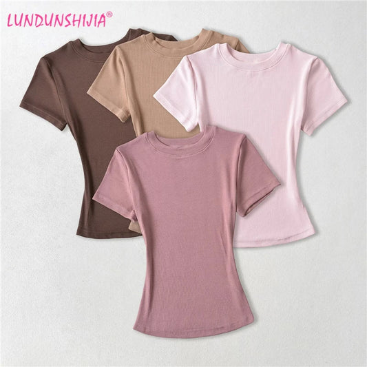 LUNDUNSHIJIA 2024 Summer Sexy Women Basic O-neck Short Sleeve T-shirt Ladies Slim Elasticity Cotton Tee Tops 12 Colors