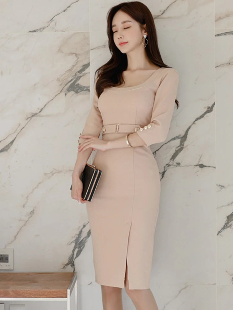 Korean Fashion Spring Autumn Elegant Women Pencil Dress Commute Formal Chic Solid Sexy O-Neck Slim Slit Midi Party Mujer Vestido