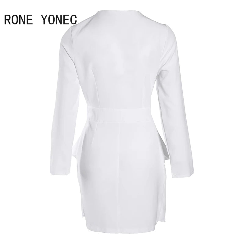Women Chic Elegant Long Sleeves Deep V Neck Mini A Line Ruffles Formal Party & Working White Dresses