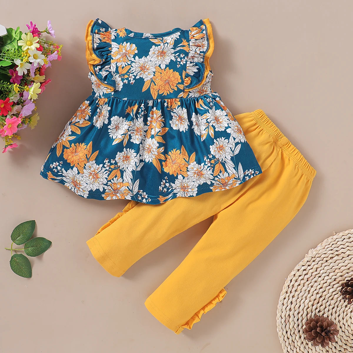 1-6T Kids Baby Girl Clothing Set Sleeveless Flower T-shirt + Solid Colored Leggings Pants 2PCS Children Girl Banquet Costume