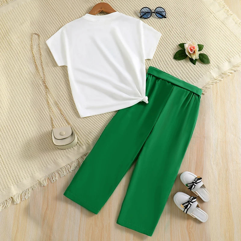 2pcs Girl Fashion Minimalist Cartoon Print Breathable round Neck Knit Top Summer Thin Wide Leg Pants Set