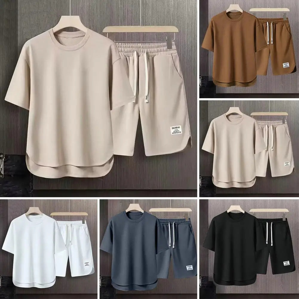 Men Sportswear Set Men's Summer Casual Outfit Set O-neck Short Sleeve T-shirt Drawstring Waist Shorts Activewear Set 2pcs/set