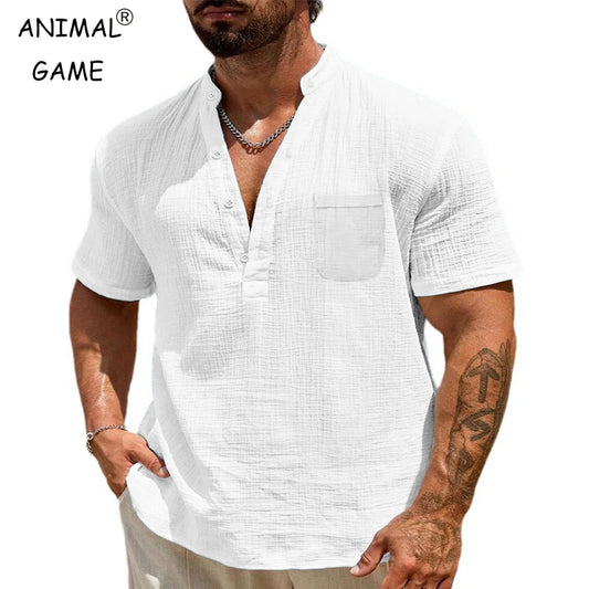Summer Men's Stand Up Collar Shirts Solid Color Short Sleeve Linen T-Shirts Trendy Breathable Pocket Top Hawaiian Streetwear
