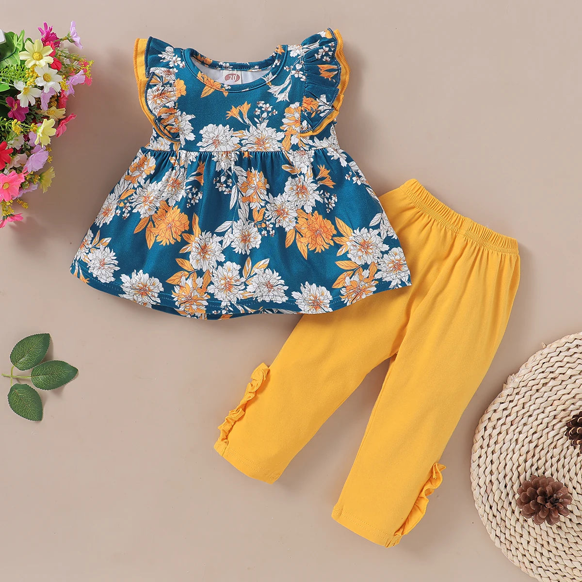 1-6T Kids Baby Girl Clothing Set Sleeveless Flower T-shirt + Solid Colored Leggings Pants 2PCS Children Girl Banquet Costume