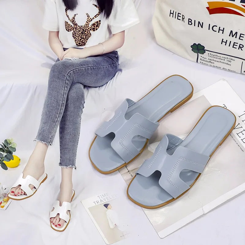 2024 Summer women's slippers H-shaped pattern rubber soft low heel high-end simple shopping shoes for women