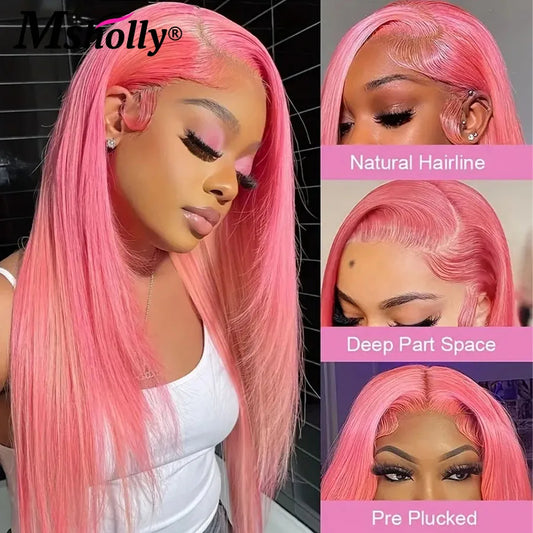 30Inch Pink 13x6 HD Lace Frontal Wig Human Hair Bone Straight Preplucked Brazilian Remy Wig 100% Human Hair Glueless Colored Wig