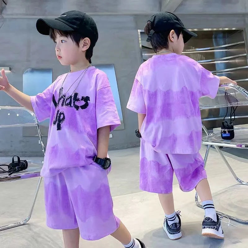 Children Boys Clothes Gradient Color T-Shirt & Loose Shorts 2 Pieces Set Teenage Graffiti Tracksuit Street Style Letter Outfit