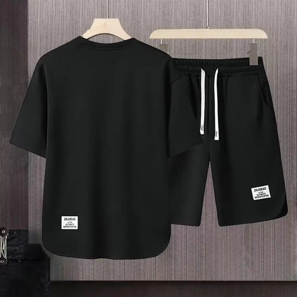 Men Activewear Set Men's Summer Casual Outfit Set O-neck Short Sleeve T-shirt Drawstring Waist Wide Leg Shorts Activewear Set